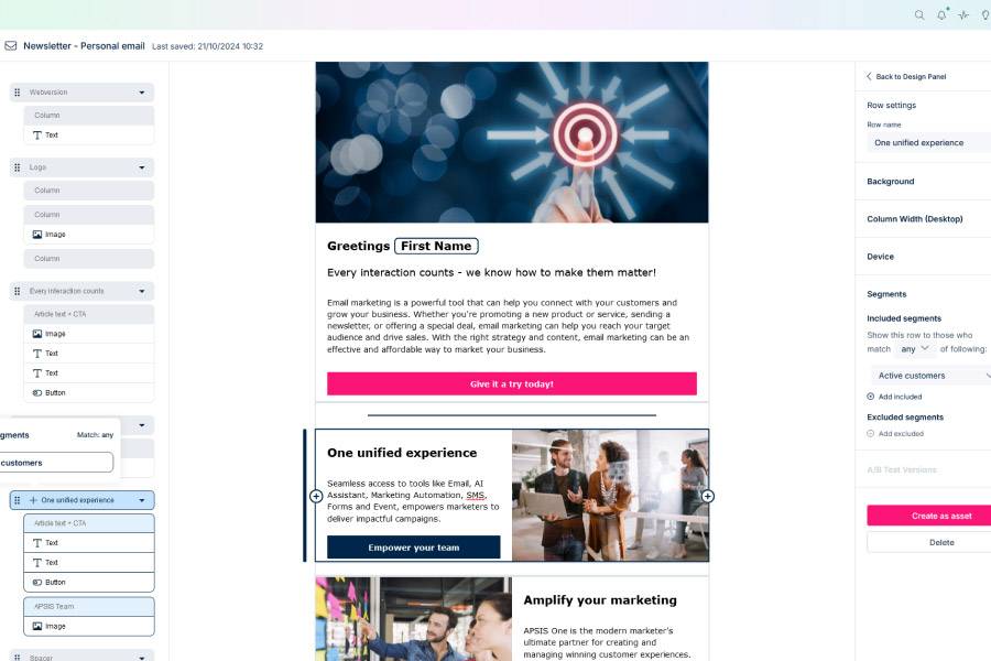 email tool in Apsis One interface